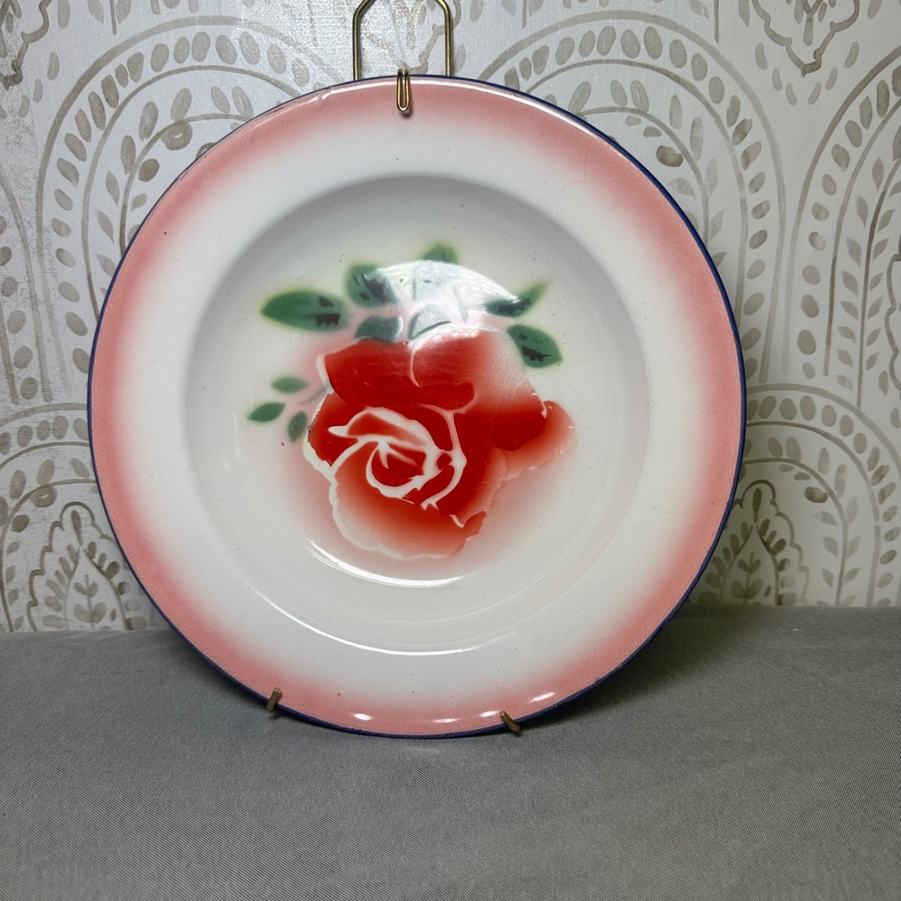 Vintage Enamel Plate‎ Red Rose Floral Rim Display Plate